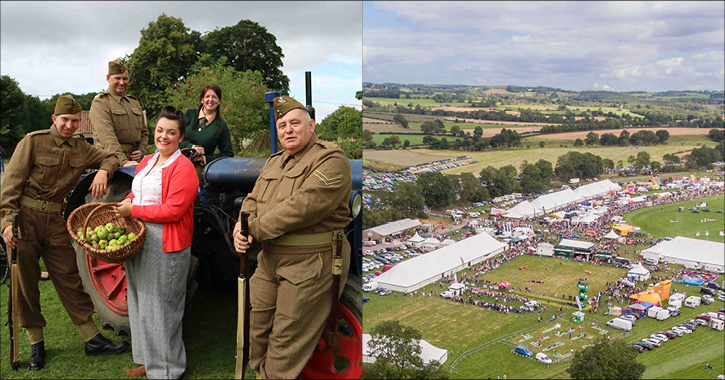 group of people dressed in 1940s clothes at Beamish Museum and aerial shot of Wolsingham Show 